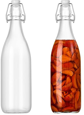 Confezione da 2 bottiglie di vetro con tappo basculante, sicure a pressione, con tappo ribaltabile, per fermentazione, aceto (rotonde, 1000 ml)