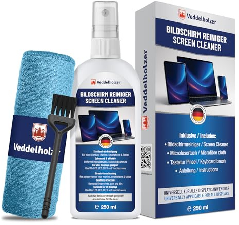 Veddelholzer 250 ml Bildschirmreiniger Set – Displayreiniger mit Mikrofasertuch & Tastaturpinsel – Für Laptop, Monitor, TV, Smartphone, Auto Display – Streifenfreie Reinigung für alle Bildschirme