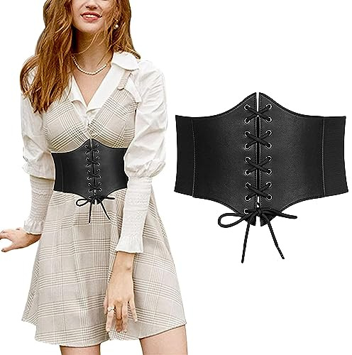 Elastic Corset Belt Women Wide Tied Waspie Belt Retro Vintage Lace Up Waist Cinch Belts Steampunk Bustier Waist Cincher Band with Straps Press Button for Dresses Halloween Party Costume (Black)