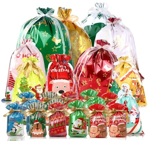 40 Piezas Bolsas de Regalo con Cordón de Navidad,Foil Bolsas Regalo Grande Mediana Pequeñas de Cuerdas Reutilizables,Bolsa de Chuches Golosinas Infantil Embalaje Regalos para Decoración Navidad
