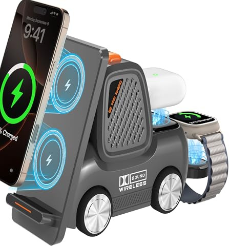 Stazione di Ricarica Wireless per Carrelli Elevatori con Altoparlante Bluetooth, Caricabatterie Wireless Rapido 4 in 1 per Dispositivi Multipli, Compatibile con iPhone Serie 16 15 14 13 Pro Max, Apple