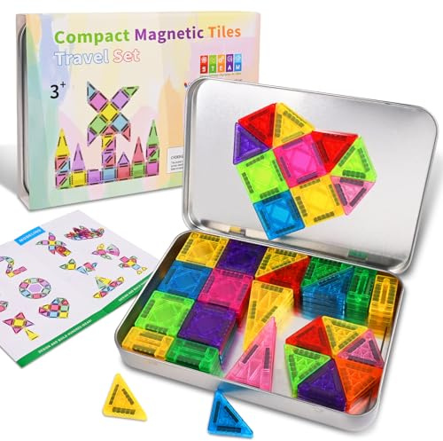 Euakee 74 Piezas Mini Bloques Construccion Magneticas, Juego De Bloques De Construcción Magnéticos De Viaje, Juguetes De Construcción con Caja De Hierro para Niños y Niñas, Juguetes Magnéticos para