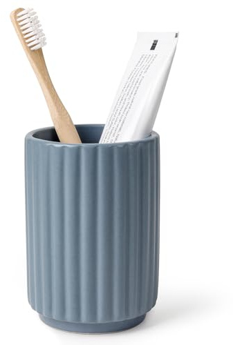 Toothbrush Holder, Tooth Brush Holder for Bathroom - Ceramic Toothbrush Cup Toothbrush Holders Countertop, Stripe Design Makeup Brush Holder Pen Holder, ANTIS'S HOME (Blue)