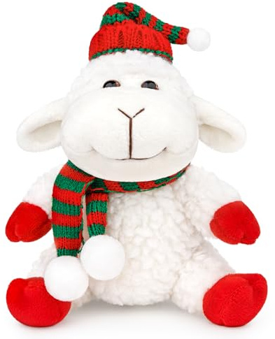 lilizzhoumax Peluche a forma di pecora, 13 cm, per sedersi con animali di Natale, con cappello di Natale, giocattolo per amici, bambini, pecora, rosso