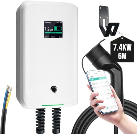Morec Cargador EV tipo 2 32A 7KW Wallbox con aplicación, estación de carga EV con estándar IEC62196-2, cable de 6 m, color blanco
