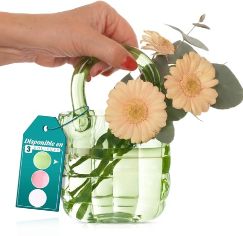 Comforder Vaso in vetro, design floreale, borsa in vetro per fiori (14 x 9,5 x 22 cm), vaso in vetro decorativo, moderno da tavolo, per matrimonio (verde)