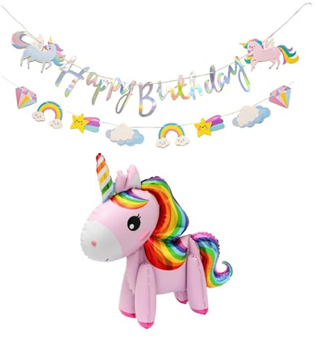 Geburtstagsgirlande - Banner di buon compleanno, glitterato Regenbogen Wolken Sterne Dekoration, palloncino, ghirlanda per bambini e ragazze, festa Deko Kindergeburtstag, compleanno a tema