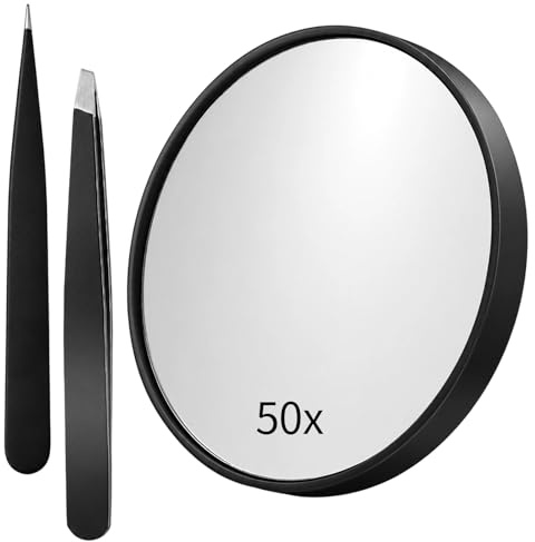 QhgPnt 50X Magnifying Mirror Makeup Mirror with Small Magnifying Mirror with Suction Cup and Tweezers, Compact Mirror Set, Ideal for Precision Eyebrow Plucking Skin Care Compact