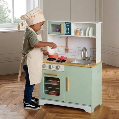 Kids Corner Play Kitchen, Wooden Pretend Toy Kitchen with 6 Wooden Cooking Accessories, 2 hobs, a Microwave and Kitchen Sink, Cabinet Storage Space, Oven Knobs Make Realistic Sound for Boys Girls