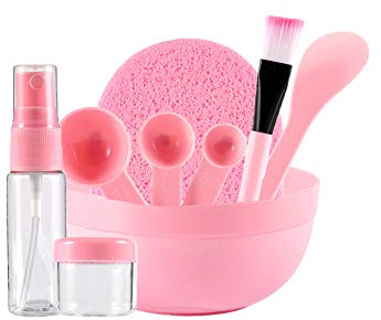 Xiton 9 Pcs/Set DIY Masque Facial Grand Bol MéLange Ensemble D'Outils CuillèRe Brosse Avec Vaporisateur Masque Bol CuillèRe Jauge Brosse Pinceau Pour Soins Du Visage Masque Soins Visage Femme(Rose)