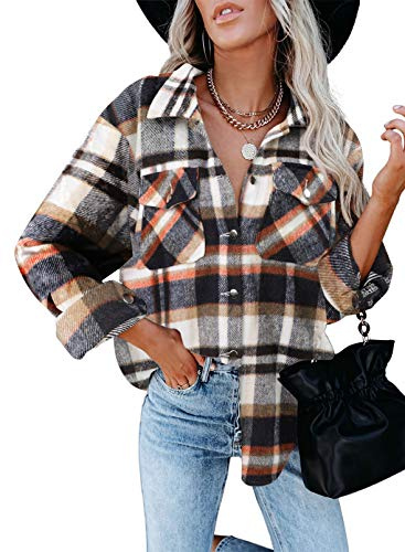 Dokotoo Classic Plaid Button Up Flannel Shirts for Women Roll Up Long Sleeve Flannel Tops Turn Down Collar Soft Checked Loose Boyfriends Baggy T-Shirt Outerwear for Ladies Office Jacket Blue L