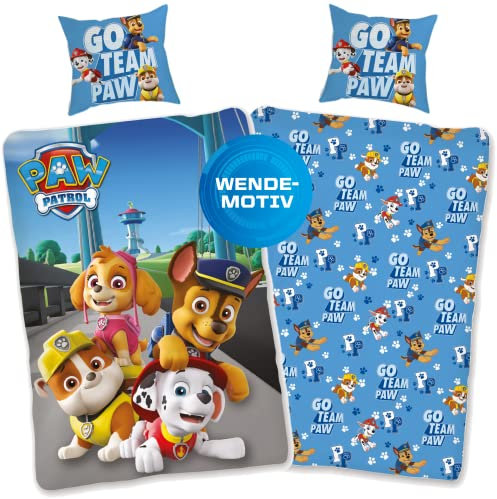 Paw Patrol Bettwäsche 135x200 80x80 Baumwolle · Kinderbettwäsche für Mädchen und Jungen · 2 teilig Paw Patrol Figuren Öko Tex Standard Deutscher Händler