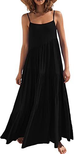 ANRABESS Women Summer Casual Loose Sleeveless Sundress Spaghetti Strap Flowy Boho Linen Beach Vacation Maxi Long Dress Black Small