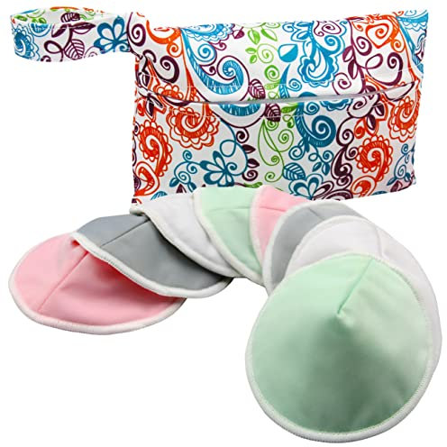 Pinowu Damen Stilleinlagen - 8 Waschbare Pads + Nassbeutel + Waschbeutel Still-Nippelpads für Mutterschaft - Wiederverwendbare Brustwarzenabdeckungen für Stillen (Pastell Touch, Groß 12cm)