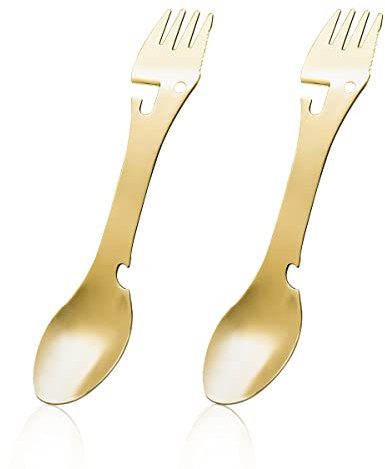 Jagowa 2 Pcs Camping Spork Bottle Opener, 5 in 1 Functional Stainless Steel Creative Multipurpose Metal Tableware for Outdoor Camping Hiking, Fishing (Gold)