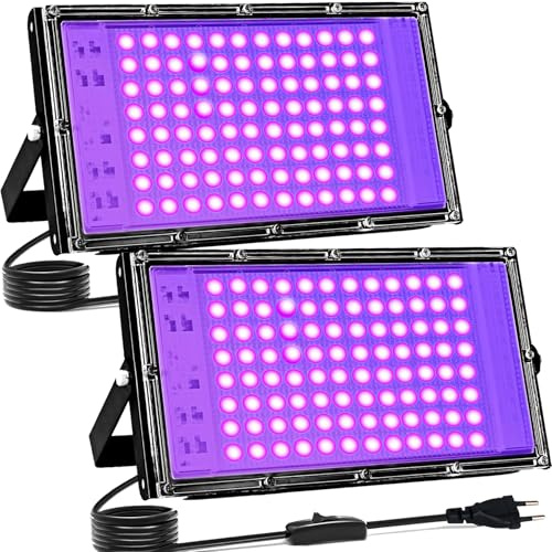 100W LED Svart ljusstrålkastare, Indmird 2 st svartljuslampor med kontakt, IP65 vattentät UV-spotlight med strömbrytare, 395-400nm UV-strålkastare för bar,disco,party,halloween,scen