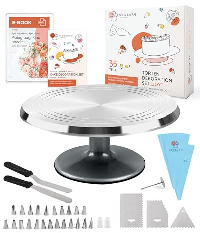 Wenburg Bandeja giratoria de aleación de aluminio para tartas, juego de decoración de 35 piezas, plato giratorio con accesorios, manga pastelera, boquillas, libro electrónico y más, plato giratorio