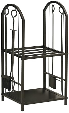 Outsunny Portalegna da Interno ed Esterno a 2 Ripiani in Metallo, Portalegna per Camino con Paletta, Scopa, Attizzatoio e Pinza, 41.5x32.5x74.5 cm, Nero