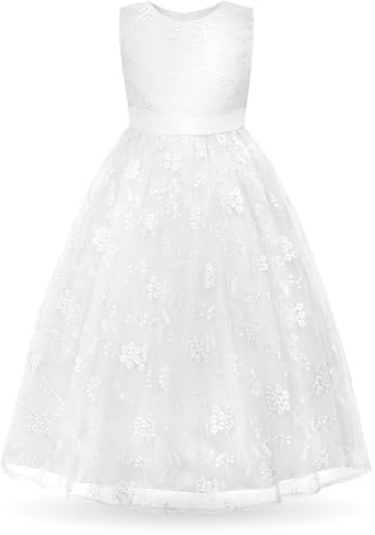 Uhnice Flower Girl Embroidered Dress Sleeveless Lace Ball Gown Formal Princess Dress for Wedding Birthday Party (White, 4-5/110)