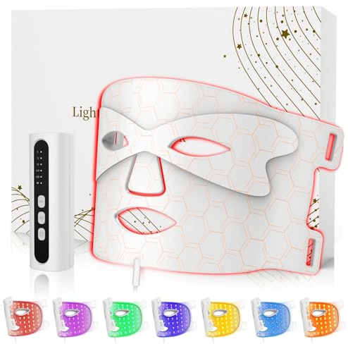 KIMTAR Maschera LED Viso, LED Mask 7 Colori Rosso & Blu per il Dispositivo per la Cura della Pelle del Viso Ringiovanimento, Prodotto Anti-invecchiamento per le Rughe(Bianco)
