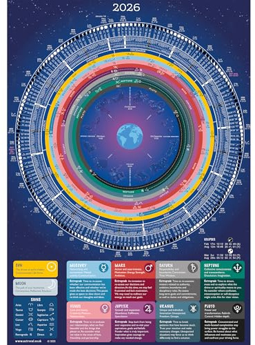 Astrocal Planet Moon Wall Calendar A2 Lunar Phase Poster 2026, Moon Mandala, UK