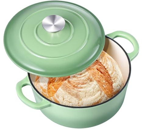 3QT Dutch Oven Topf mit Deckel, Leonyo 3 Quart Emaillierter Gusseisen Dutch Oven für Sauerteigbrot Backen, Robustes Kochgeschirr zum Schmoren, Eintöpfe, Braten, Pistaziengrün