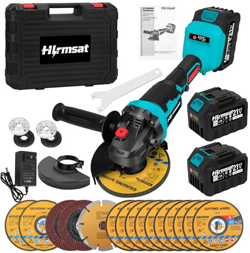 Hlrmsat Cordless Angle Grinder 5-Inch,21V Brushless Power Grinder Tool with 2x6.0Ah Battery & Charger,10000RPM Variable Speed Amoladora Angular,Esmeriladora for Metal Cutting,Grinding,Polishing
