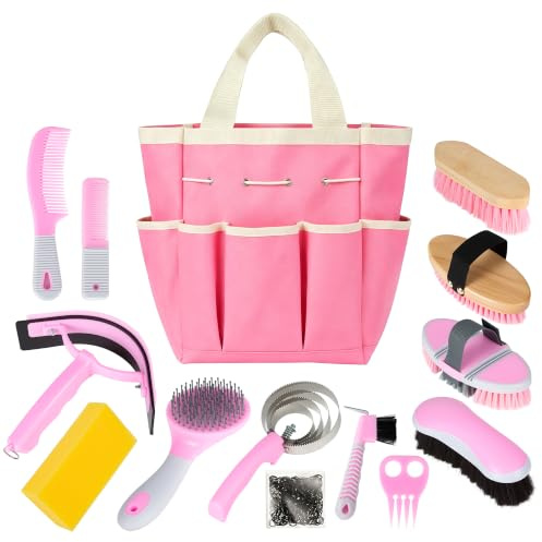 Kit de toilettage pour cheval, 14 en 1 professionnel pour le toilettage et les soins, avec brosses pour cheval, peigne à curry, cure-sabots et sac de rangement étanche pour briller, démêler, masser
