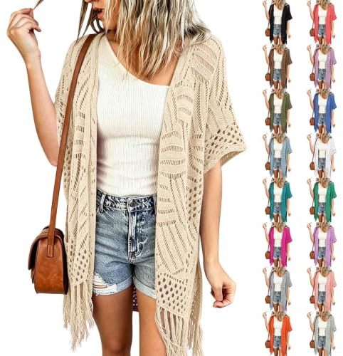 Beach Cover Ups for Women Summer Batwing Sleeves Hollow Crochet Cardigan