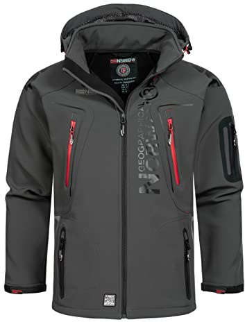 Geographical Norway Techno Softshelljacka för män, avtagbar huva, svart, Mörkgrå, M
