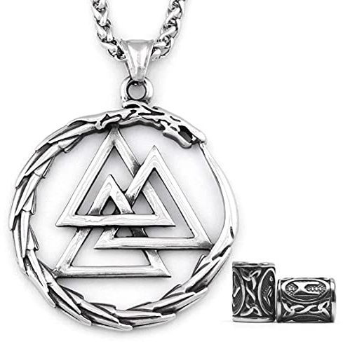 Gungneer Odin Valknut Pendant Necklace Norse Pagan Jewelry Stainless Steel Viking Jewelry Men, Viking Beard Beads Gift