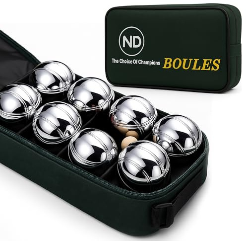 ND Sports French Boules Set (Deluxe) – 8 Chrome Iron Balls with Jack, Measuring Rope & Carry Bag | Outdoor Petanque Game for Adults & Families | Lawn, Garden, Beach & Camping Fun – Metallic Silver
