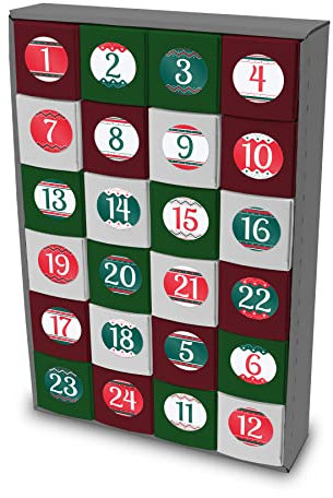 itenga SET Adventskalender zum Füllen Würfel 5cm (außen grau) + Sticker Z54 + V15 (dunkelgrün, dunkelrot, weiß)