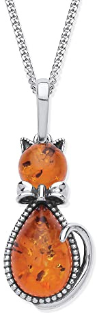 Old English Jewellers Sterling Silver Amber Cat Pendant Necklace+ 18 Inch Chain
