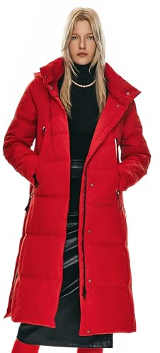 Orolay Women's Thickened Long Down Jacket Winter Down Coat Hooded Puffer Jacket with Side Zipper Spectra Red L