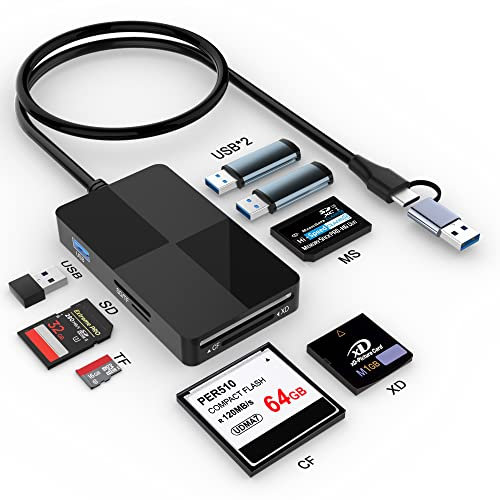 USB C USB 3.0 Multi Card Reader with USB Hub,8 in 2 XD/SD/TF/CF/MS Card Slot,Sony Memory Stick Pro Duo Adapter,XD Card Reader 5Gps High Speed Read 8 Ports Simultaneously for Windows Mac OS Android