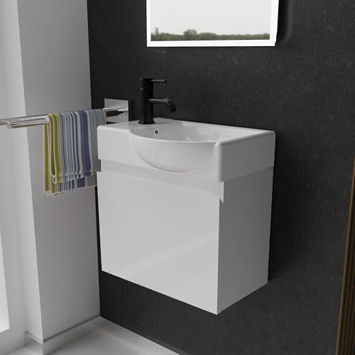 Alpenberger Waschtisch mit Unterschrank | Gäste WC Waschbecken Klein 45 cm Breit | Keramik Aufsatzwaschbecken mit Waschbeckenunterschrank | Badmöbel Set Hängend | Waschtischunterschrank Weiß