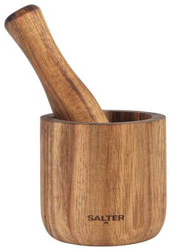 Salter BW12197EU7 Toronto Pestle & Mortar Set – Acacia Wood Large Bowl & Grinder, Hand Crusher For Food, Herbs, Spices, Seeds, Pesto, Solid Wood, Durable, 11cm Diameter Mortar, Pestle - 3.7 x 3.3cm