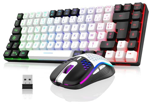 RedThunder K84 Combo Clavier et Souris USB sans Fil Gamer, AZERTY Français, Batterie Rechargeable RVB Rétroéclairée, Clavier TKL à 75% et Souris Optique Légère en Nid d'abeille 3200 DPI (Blanc-Noir)
