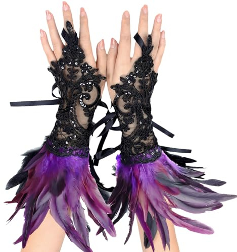YOUYIKE 2 Pièces Gants Dentelle Plumes, Dentelle de Plumes Vintage, Gant Plume, Costumes de Carnaval, Gant Dentelle Halloween, Vêtements Gothiques, Cosplay, Fête de Mariage（Violet Noir）