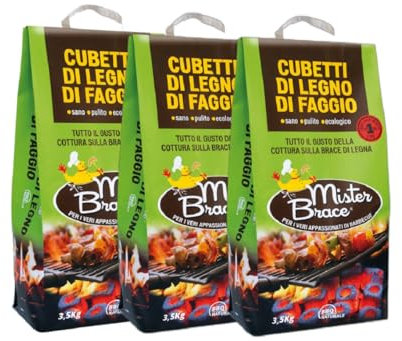 Magazzini GM Mister Brace, Cubetti di Legno di Faggio Puro Certificato, Cottura su Brace di Legna, Truciolo Naturale, Ecologico Ecosostenibile, Sacchetto da 3,5kg (3 CF)