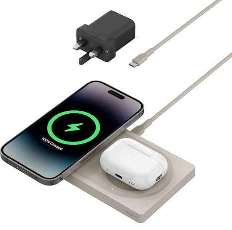 Belkin BoostCharge Pro 2-in-1 MagSafe Charger, Wireless Charging Pad with 15W, iPhone fast charger compatible with iPhone 16, 15, 14, 13, 12 Series, AirPods, and other MagSafe enabled devices - Sand