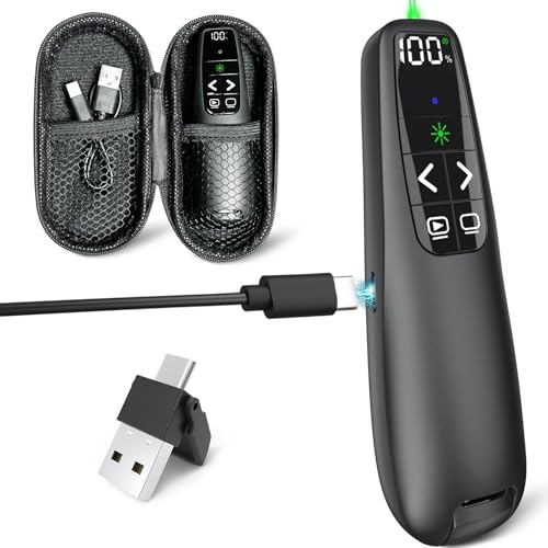 Rechargeable Presentation Clicker with Case, Power Digital Display Wireless Presenter Remote, USB C Green Light Pointer Computer PowerPoint PPT Clickers for Mac Laptop, Slideshow Google Slide Advancer