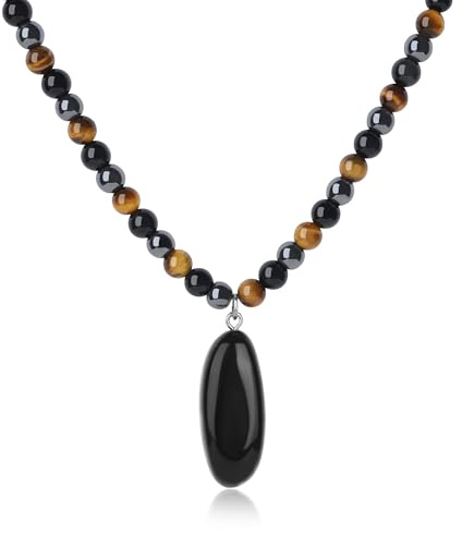 GAVU Collier Triple Protection Homme, Œil de Tigre/Obsidienne/Hématite, Pendentif Obsidienne Noire, 55cm