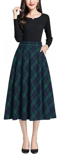 BiilyLi Jupe Longue Femme Hiver Élégant Laine Carreaux Haute Taille A-Ligne Automne Taille élastique Midi Jupe Plissée