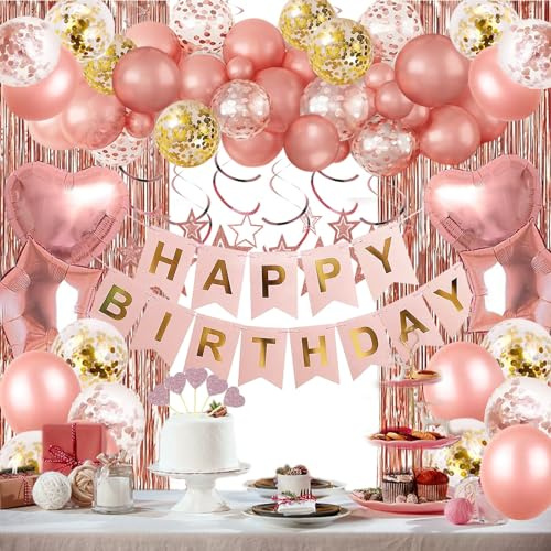 Rose Gold Birthday Party Decorations, Happy Birthday Banner, Rose Gold Fringe Curtain, Heart Star Foil Confetti Balloons, Hanging Swirls for Women Girls Birthdays Princess Party