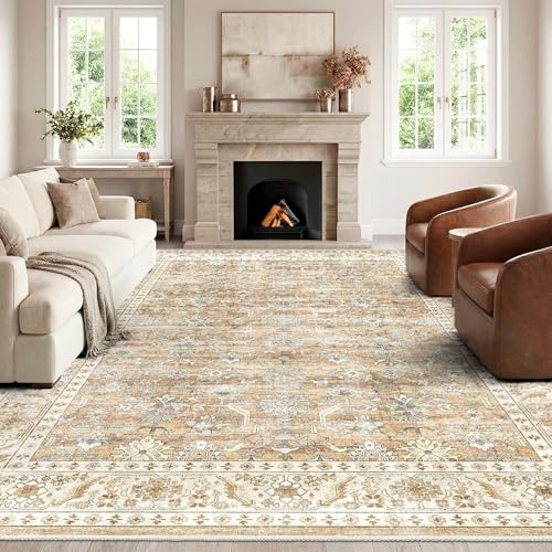 HOMFINE Tappeto Salotto Vintage Beige Marrone 300 x 400 cm Tappeto Soggiorno Lavabile in Lavatrice Pelo Corto Grandi Tappeti Antiscivolo Classico Carpet Rug per Camera da Letto, Sala