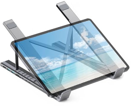 Generico Sostegno Laptop con Docking Station - Base Raffreddamento Regolabile Altezza - Adattatore 8 In 1 Multiporta Carica Rapida con Raffreddamento per Computer Notebook e Uso Domestico