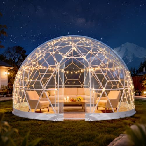 Serra da giardino gonfiabile a cupola con 2 corde luminose, tenda trasparente da cortile per feste e Natale (4,6 m x 2,9 m)