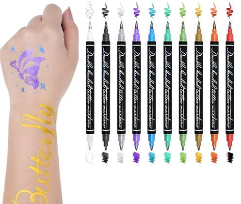 10 Color Temporary Tattooes Markers, Double Tip Temporary Skin Marker, Body Art Markers Skin, Washable Face Body Painting Kit, for Kids, Adults, Festivals, Costumes, and Creative Drawing